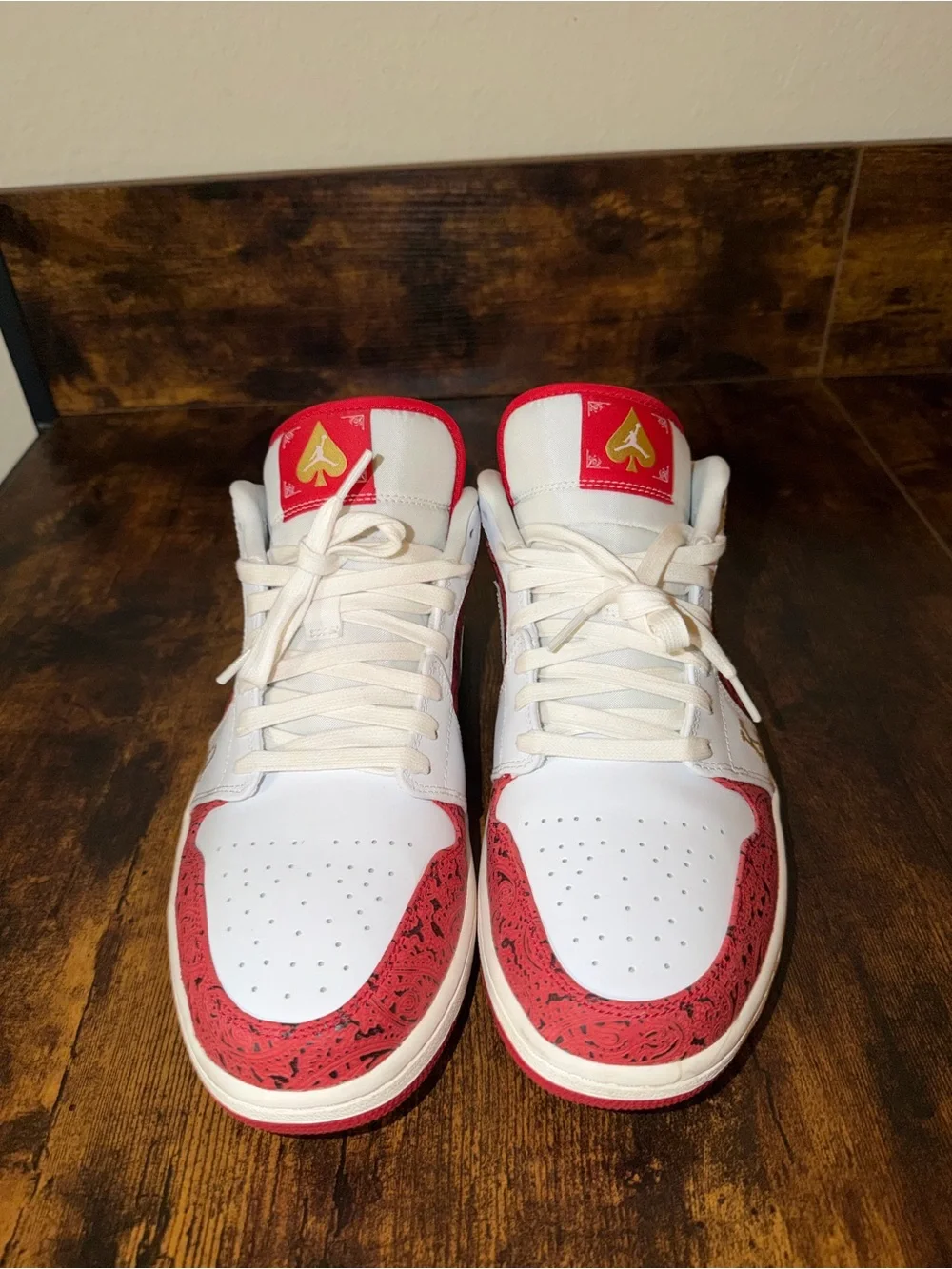 Jordan Low-Top Sneakers in White, Red, and Gold
